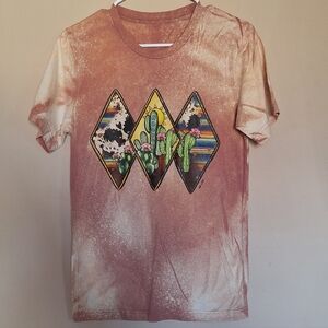 Mauve Pink Bleached Out Western Graphic Tee Cow Cactus Aztec Diamond Print